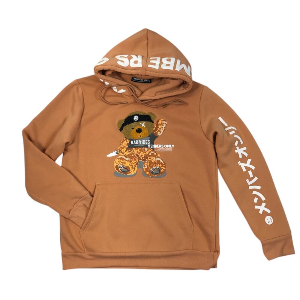 MEMBERS ONLY Bad Vibes Patchwork Hoodie Sz S Camel Unisex Outdoor Funny Camping